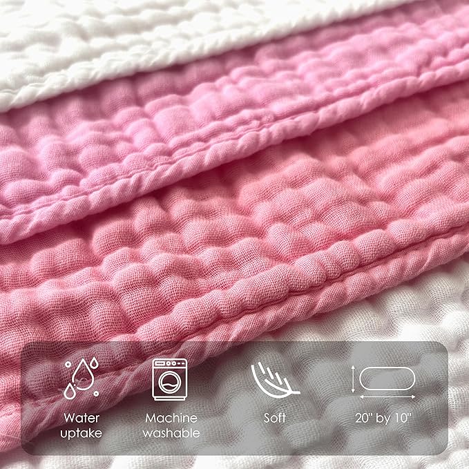 Muslin Burp Cloths for Baby 100% Cotton Burping Cloths for Unisex, Boy, Girl - Large 20'' by 10'' Newborn Essentials Ultra Soft Absorbent Milk Spit Up Rags - 12 Pack - White+Deep Sakura Series