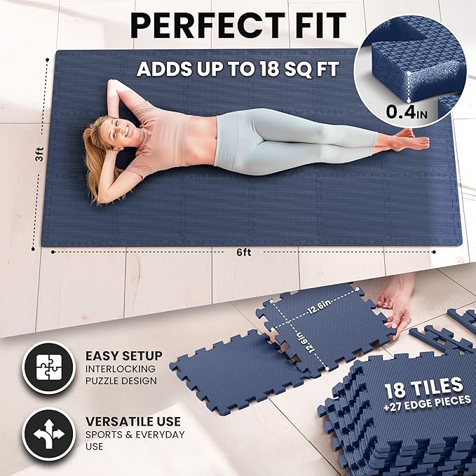 bemaxx Gym Mats Set - 18 pcs EVA Interlocking Foam Floor Tiles (12.6"x12.6"x0.4") 18sqft Protective Gym Flooring Sports Home Workout Exercise Mats Puzzle Garage Fitness Play-Room Pool Treadmill Bike