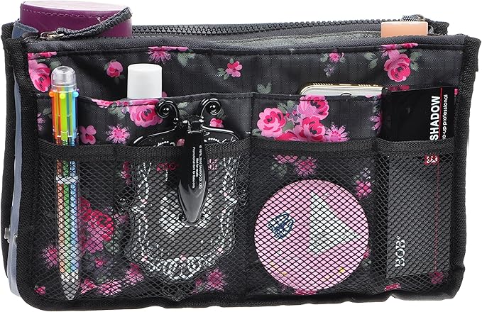 Vercord Purse Organizer Insert for Handbags Bag Organizers Inside Tote Pocketbook Women Nurse Nylon 13 Pockets Black Red Flower Large
