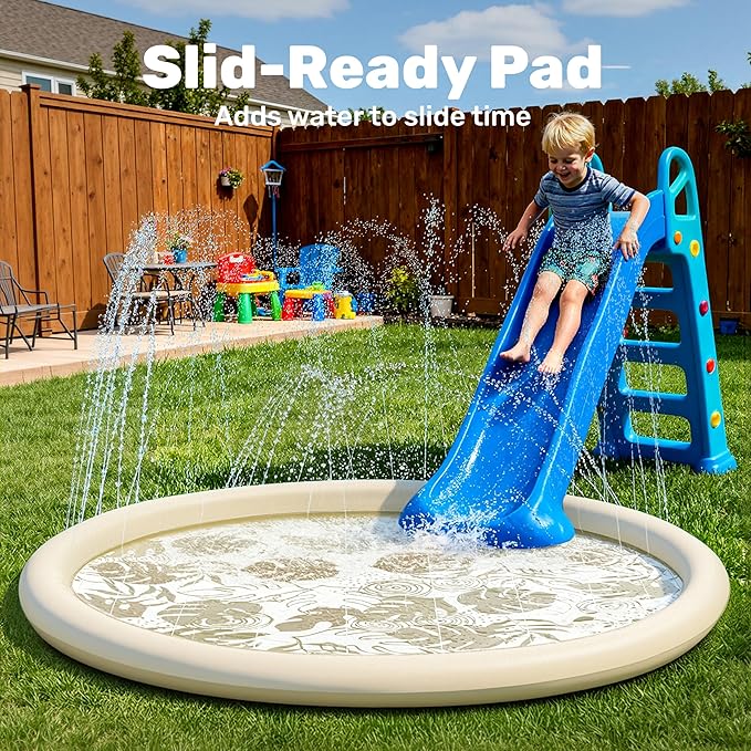 SLOOSH Splash Pad Sprinkler Mat - 6ft Tropical Leaves Outdoor Water Play Toys for Kids Dogs, Backyard Party in Summer Decor Outside Water Games Fountain Pool Children Boys Girls Toddlers (Champagne)