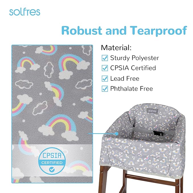 Dual-Belt Baby High Chair Cover, Upgrade Version, for Wooden or Restaurant High Chair, Sturdy and Robust Material, Waterproof Washable Stain and Slip Resistant, Gray Rainbow