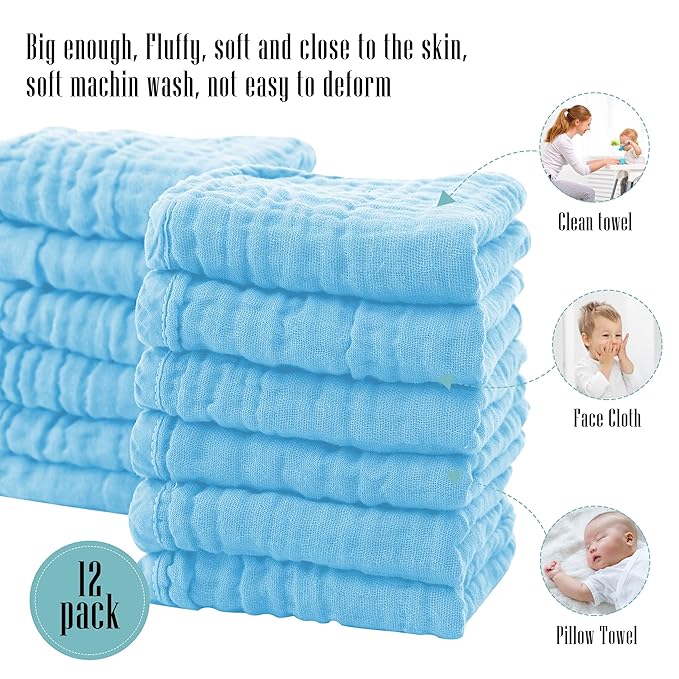 Cute Castle 24 Pack Muslin Burp Cloths for Baby - Ultra-Soft 100% Cotton Baby Washcloths - Large 20'' by 10'' Super Absorbent Milk Spit Up Rags - Burpy Cloths for Unisex, Boy, Girl - Aquamarine