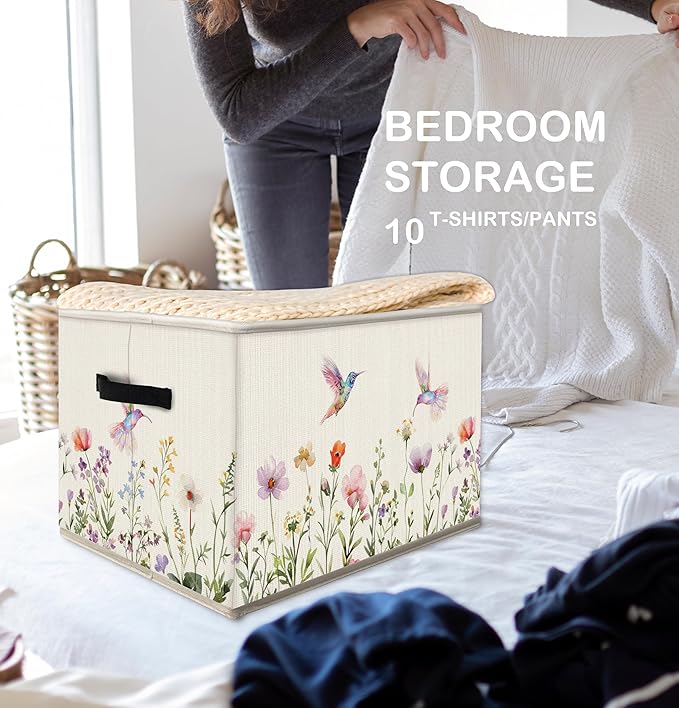 FDHSPAAM Rustic Wildflower Hummingbird Storage Bins Box with Handles, Cottagecore Botanical Floral Bird Collapsible Fabric Storage Basket Box Organizer for Bedroom Bathroom Clothes Toys Books