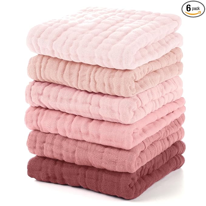 Unnivoll Muslin Burp Cloths Baby 12''X12'', Baby Washcloths 6 Pack, 100% Cotton Baby Wash Cloths Absorbent and Soft for Newborn Infants Kids Boys Girls - Gradient Pink
