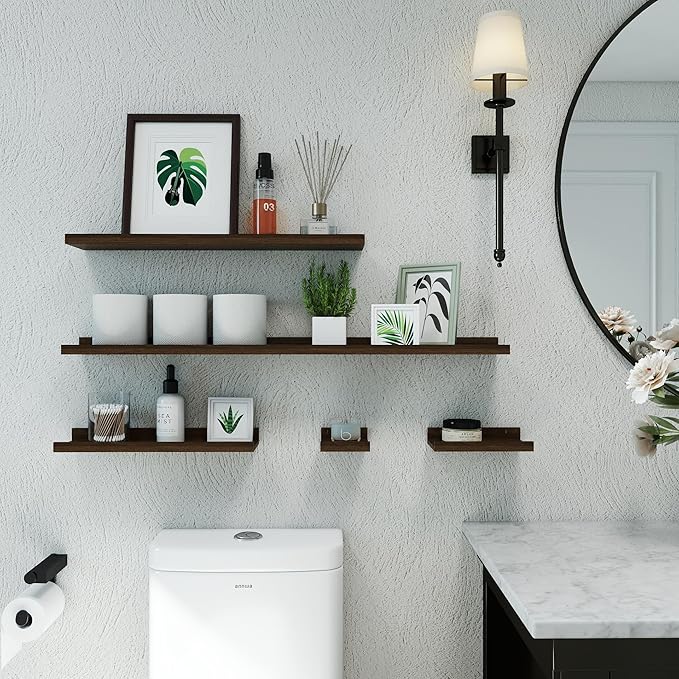 Small Floating Shelves for Wall Decor, Wall Mounted Wood Shelf for Bedroom, Living Room, Bathroom, Kitchen, Nursery, Mini Display Ledge Shelf with Lip Set of 2-4 Inches, Walnut