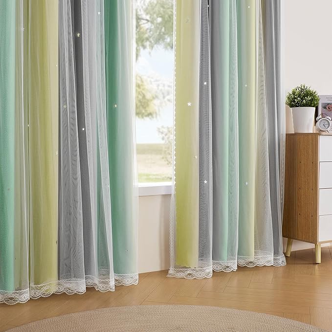 XiDi Yellow Blackout Curtains for Bedroom, Kids Room, Girls Room - Rainbow Unicorn Wall Decals, Grey Green 34X72 Inch Long
