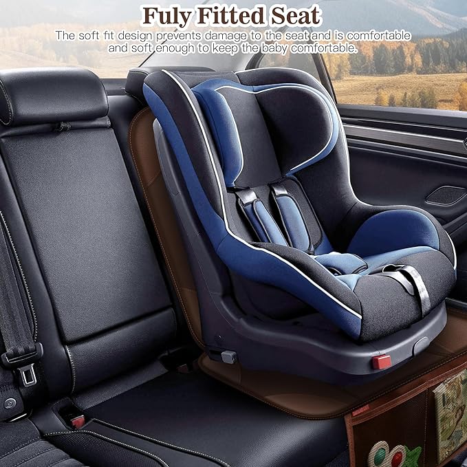 Sinvitron Car Seat Protector for Child Car Seat, Waterproof Car Seat Cover for Leather and Fabric Seats, 2 Mesh Pockets, Non-Slip Bottom, Thick Padding Cushion(1 Pack, Brown)