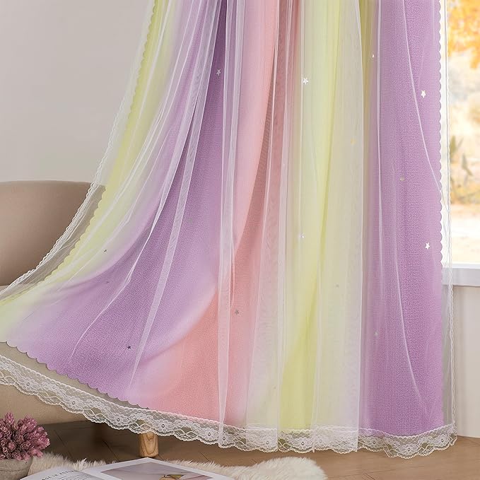 XiDi Curtains for Bedroom Decor, Rainbow Pink PurpleYellow34/45/1
