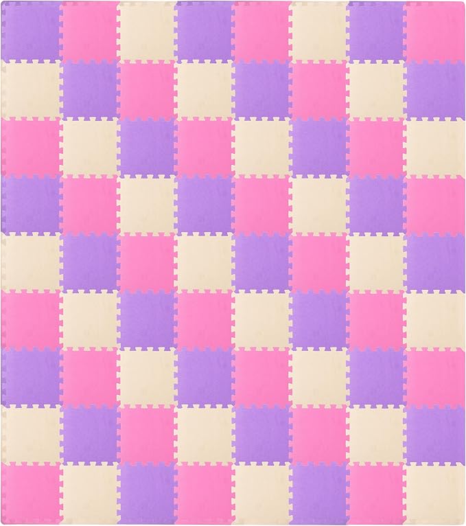 ProSource Baby Play Mat, Soft Foam Floor Tiles for Kids, Interlocking EVA Panels for Playpen Use, Crawling Development Surface, Safe Non-Toxic Toddler Flooring, 72 Tiles, Pink/Purple/Beige