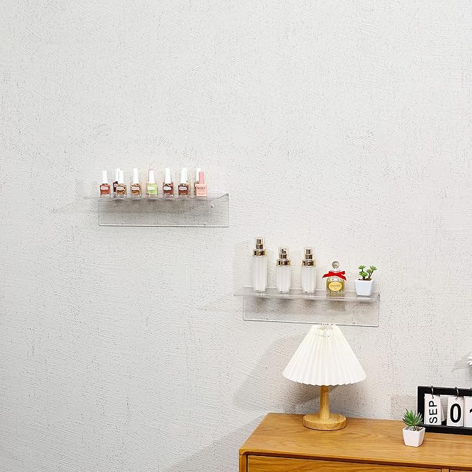 CY craft Clear Floating Shelves Display Ledge,2 PCS Decorative Wall Storage Shelves with Detachable Towel Hooks,Damage Free Adhesive Acrylic Wall Mounted Shelves for Bathroom,Kitchen,Bedroom or Office