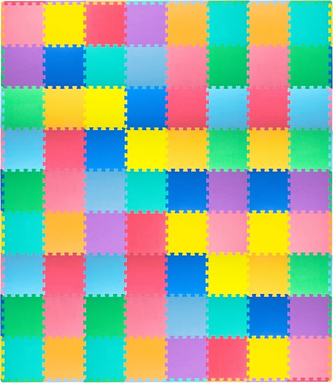 ProSource Baby Play Mat, Soft Foam Floor Tiles for Kids, Interlocking EVA Panels for Playpen Use, Crawling Development Surface, Safe Non-Toxic Toddler Flooring, 72 Tiles, Multicolor