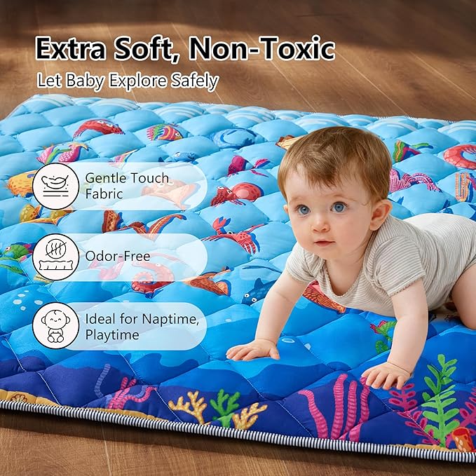 Baby Play Mat for Floor - MORAIS 50x50 Inch with 800g Cotton Filling Thickened Crawling Mat for Playpen, Cushioned Playpen Mat with Anti-Slip Bottom and Animal Alphabet (Ocean Adventure)