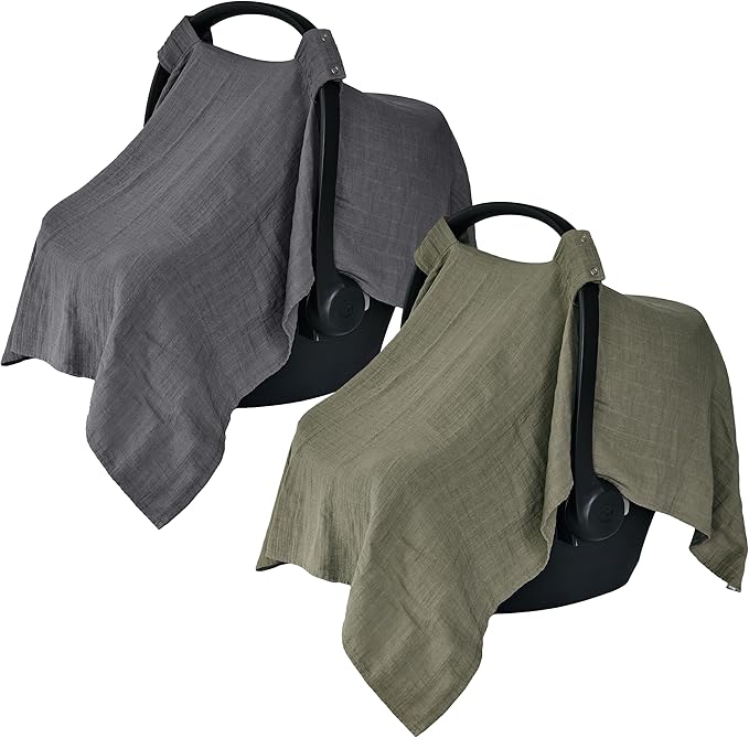 Car Seat Cover Baby - Organic Muslin Cotton - Carseat Canopy - 43" x 32" 2-Pack (Sage Green/Soft Grey)