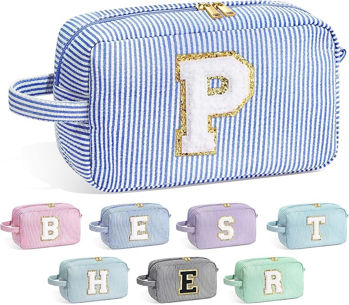 YOOLIFE Initial Cosmetic Bag for Women - Monogram Cute Makeup Bag Cosmetic Case Toiletry Pouch for Women Her Best Friend Sister Teacher, Personalized Birthday Gifts for Women, Blue P