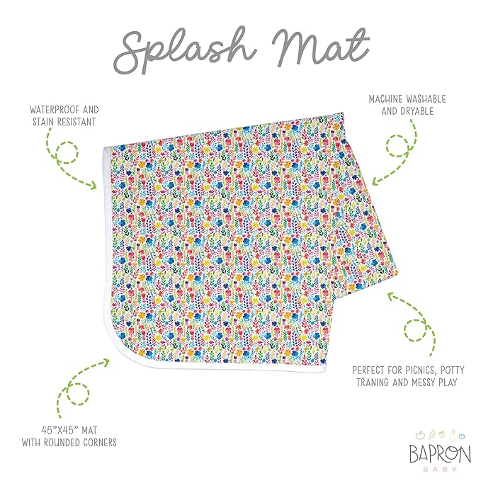 BapronBaby Rainbow Watercolor Floral Splash Mat - Waterproof Catch-All for Under High Chairs, Floors, Tables, Playtime or Arts & Crafts - Machine Washable - 45" x 45”