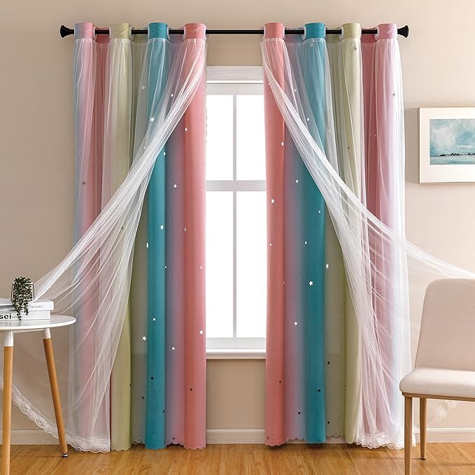 XiDi Dream Star Blackout Curtains for Kids Rooms Girl Princess Curtain for Daughter Bedroom Window (Pink Blue, W52 X L96)
