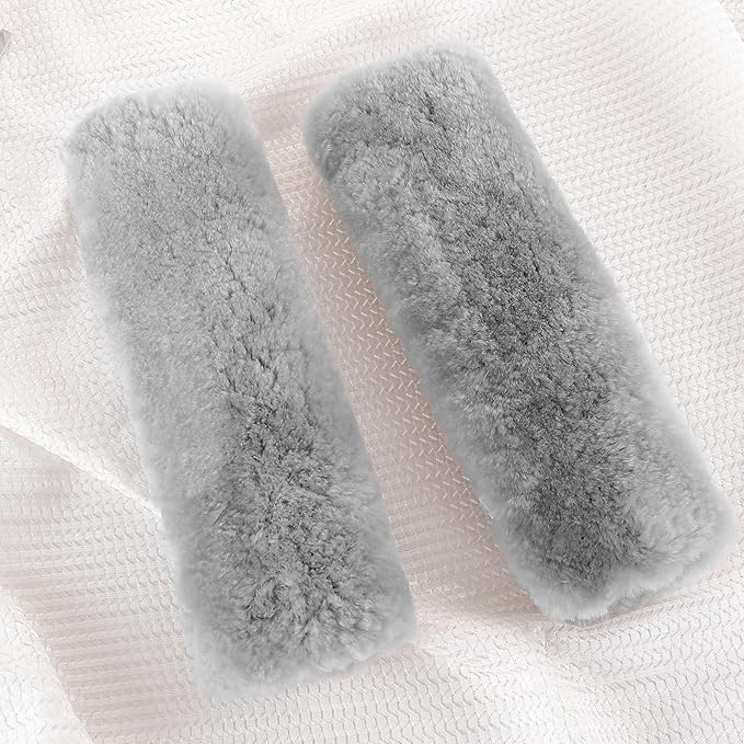 Amooca Authentic Sheepskin Seatbelt Cover Real Wool Car Truck SUV Airplane Seat Belt Shoulder Pad for Carmera Backpack Straps Neck Cushion Protector 2 Pack Light Grey