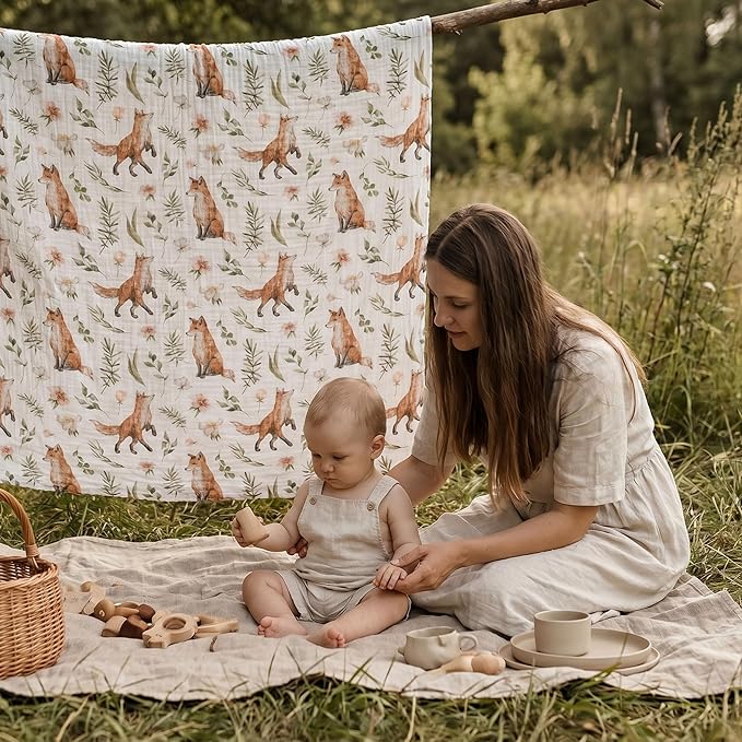 Muslin Swaddle Blankets for Newborn, 4 Pack Breathable Soft Receiving Blanket, Large 38 x 40 inches Swaddle Wrap Burping Clothes, Essentials Infant Shower Items, Toddler Gift (Forest Fox)