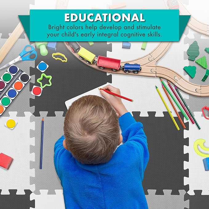 ProSource Baby Play Mat, Soft Foam Floor Tiles for Kids, Interlocking EVA Panels for Playpen Use, Crawling Development Surface, Safe Non-Toxic Toddler Flooring, 72 Tiles, Black/Gray/White