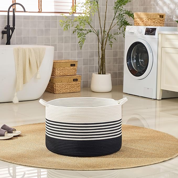 KAKAMAY Cotton Rope Storage Basket (20"x13"),Woven Hamper for Blankets,Toys,Pillows,Clothes,Laundry,Sturdy Handles Decorative Basket for Living Room, Bedroom,Nursery(Black/Black Fringe)