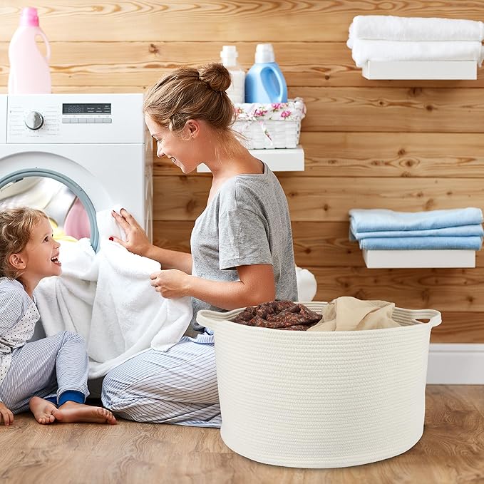 XUANGUO Large Cotton Rope Basket Blankets Basket Living Room 22"x14" Toy Basket for Kids and Dogs Rope Storage Basket for Nursery Woven Laundry Basket for Clothes Towels Baby Toy Storage round white