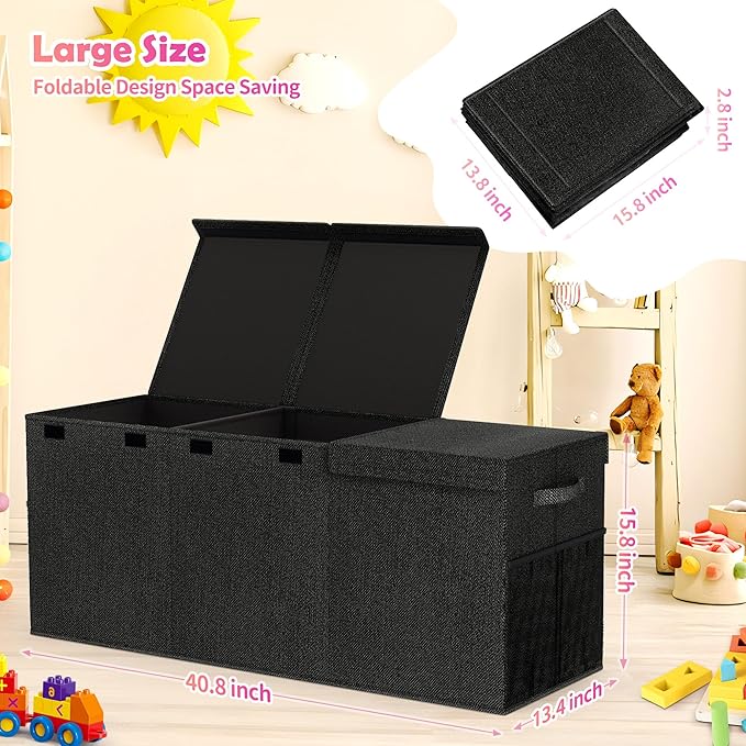 Mabahoo Extra Large Toy Box, Collapsible Sturdy Kids Toy Chest for Boys, Girls, 40"x14"x16" Storage Organizer Toddler Storage Bins with Lids, Toybox Basket for Living Room, Bedroom, Nursery, Black