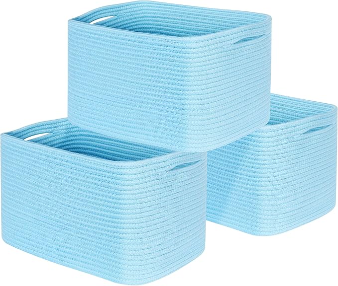 MINTWOOD Design 3-Pack Decorative Woven Storage Baskets for Shelves, Cube Bin Box for Organizing Books, Shoes, Dog Toys, Pantry Closet and Living Room Organizer, Sky Blue
