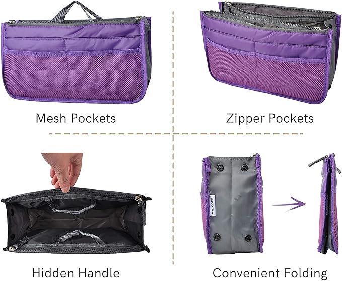 Vercord Purse Organizer Insert for Handbags Bag Organizers Inside Tote Pocketbook Women Nurse Nylon 13 Pockets Purple Large
