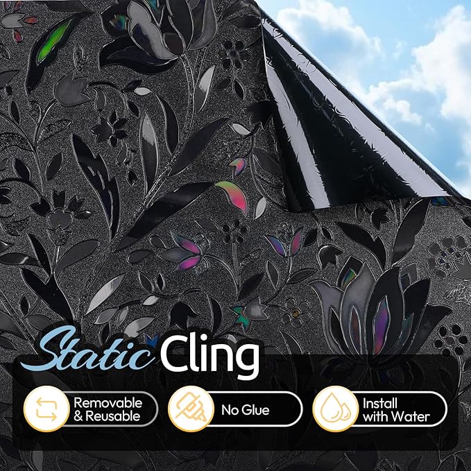 rabbitgoo Total Blackout Window Film Sun Blocking, Black Privacy Window Film Light Blocker, Stained Glass Thermal Cling Heat Control, Room Darkening Glass Sticker for Door Covering, 35.4" x 157.4"