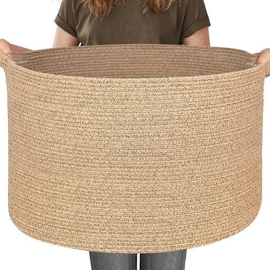 115L Wicker Storage Basket, 23.6"x15.7" Woven Cotton Rope Basket, Giant Kids Dog Toy Bin Organizer, XXXL Blanket Pillow Holder for Living Room, Brown Variegated Wicker Baskets for Organizing