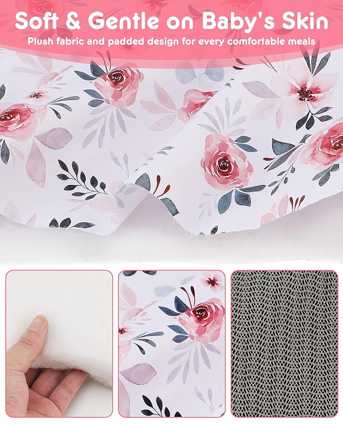 Lunobubo Baby High Chair Cover Restaurant with Strap Pads & 3-Point Harness, Machine Washable, Waterproof Portable Highchair Covers for Eating, Travel, Home Use - Fits Wooden Chairs, Pink Flowers
