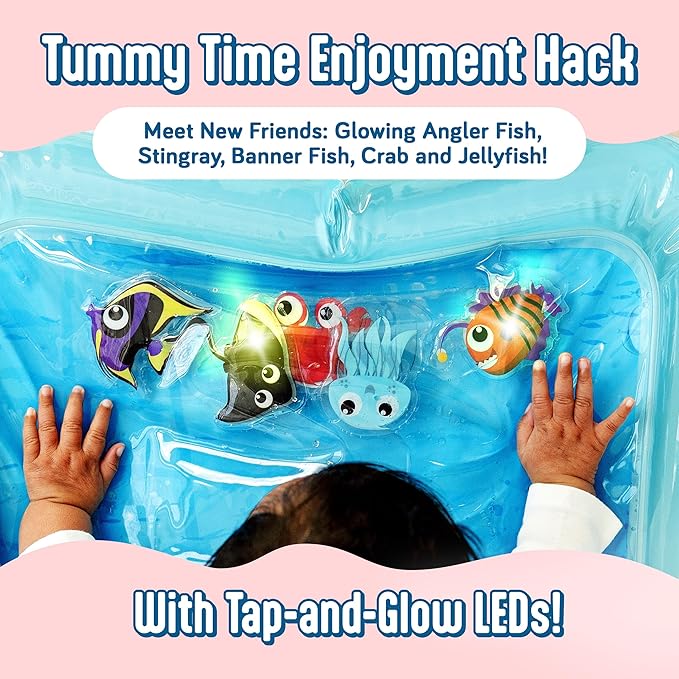 SplashEZ Lights Up Tummy Time Water Mat for Babies, Large Baby Water Mat Tummy Time for Sensory Play with LED Glowing Fishes, Inflatable Fun Play Pad for Infants & Toddlers 3 to 36 mo