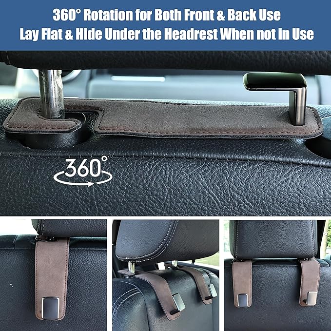 Amooca Car Seat Back Hook Universal Auto Storage Hanger Suede with Metal Car Seat Organizer for Handbag Purse Coat Umbrellas Grocery Bags 2 Pack Brown