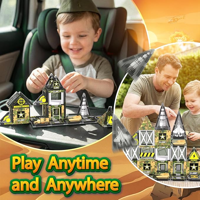 Maginoo 42PCS Mini Magnetic Tiles Army Base Travel Set with Iron Box STEM Educational Military Building Blocks Magnetic Construction Toy for Kids Ages 3 to 8 Creative Gift for Boys and Girls