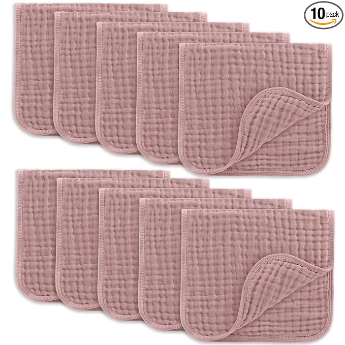 Comfy Cubs Muslin Burp Cloths 20" x 10", Pack of 10 - Large, 6-Layer, Ultra Absorbent 100% Cotton for Baby Drool and Messes - Soft, Safe & Gentle Baby Burp Cloths for Boys & Girls - Mauve