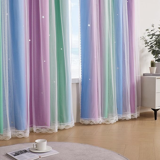 XiDi Curtains for Bedroom Decor, Rainbow Green PurpleBlue52/45/1
