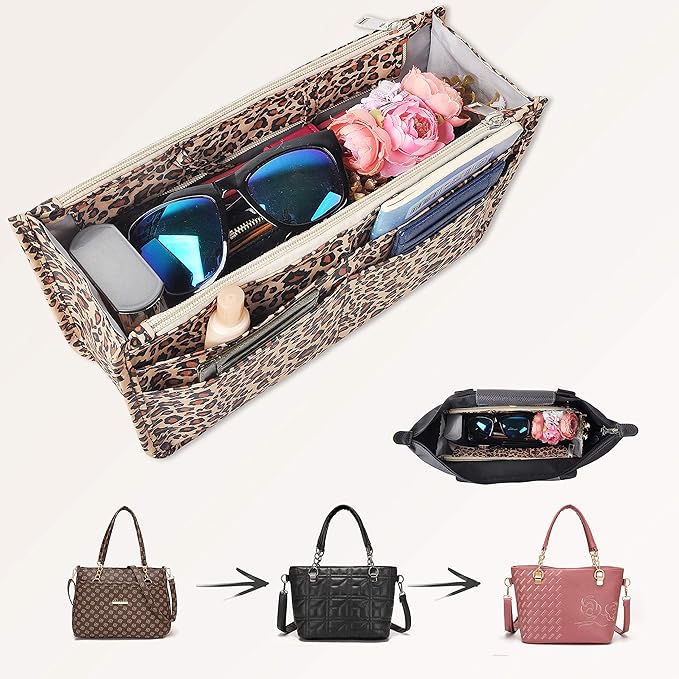 Vercord Patterned Purse Handbag Tote Pocketbook Bag Organizer Insert with Zipper Handle for Women Large Leopard