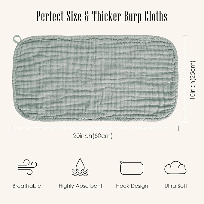 12 Pack Muslin Burp Cloths - Large 20" x 10", Ultra Absorbent 100% Cotton for Baby Drool and Messes - Soft, Gentle Baby Burp Rag for Boys & Girls -Grey, Green, Slate