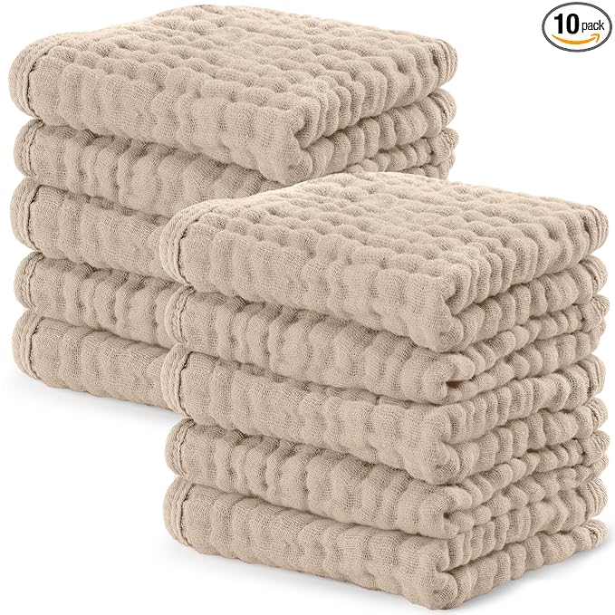 Comfy Cubs Muslin Baby Washcloths 10 Pack - Soft 6-Layer Cotton Wash Cloths for Sensitive Skin - 10"x10" Large, Gentle, Absorbent Infant Essentials for Newborn and Toddlers - Sand