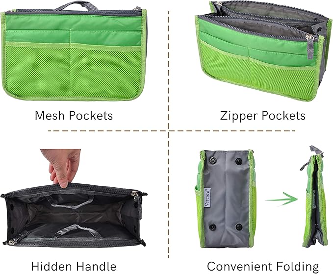 Vercord Purse Organizer Insert for Handbags Bag Organizers Inside Tote Pocketbook Women Nurse Nylon 13 Pockets Green Small