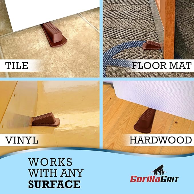 Rubber Door Stoppers - Door Stop Wedge, Large Heavy Duty Flexible Door Holder - Brown 4 Pack - Non Marking Anti Slip Jammer
