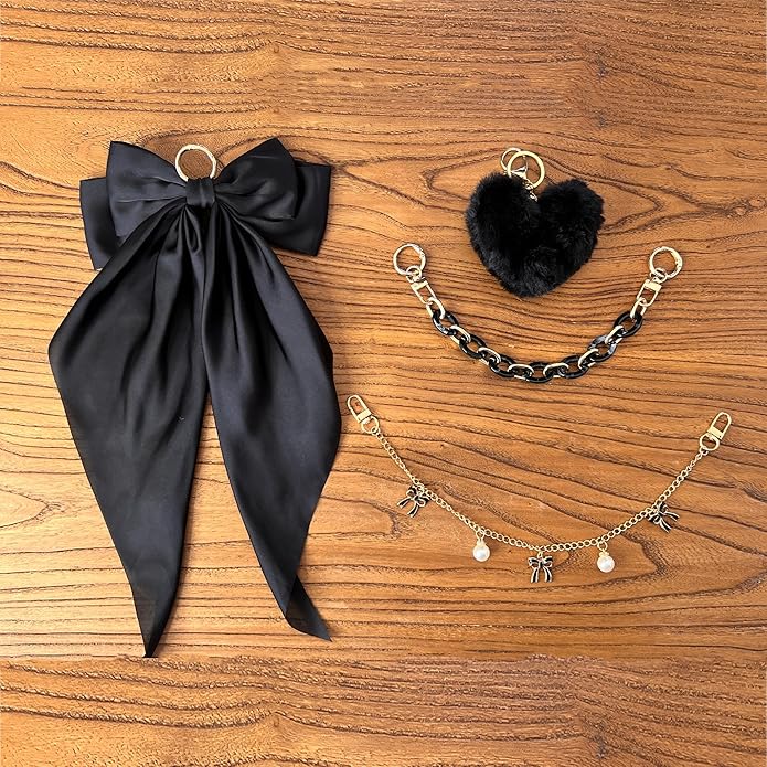 CuddleJunk Bag Charms for Tote Bags, Satin Bow Keychain Kit Accessories for Yeti Camino, Fluffy Ball Gold Chains Charms for Women Purse Beach Handbag