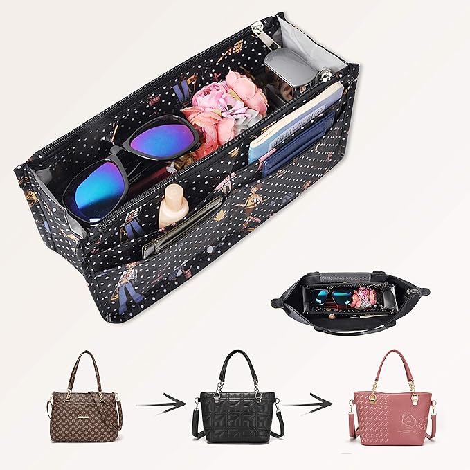 Vercord Patterned Purse Handbag Tote Pocketbook Bag Organizer Insert with Zipper Handle for Women Large Beauty