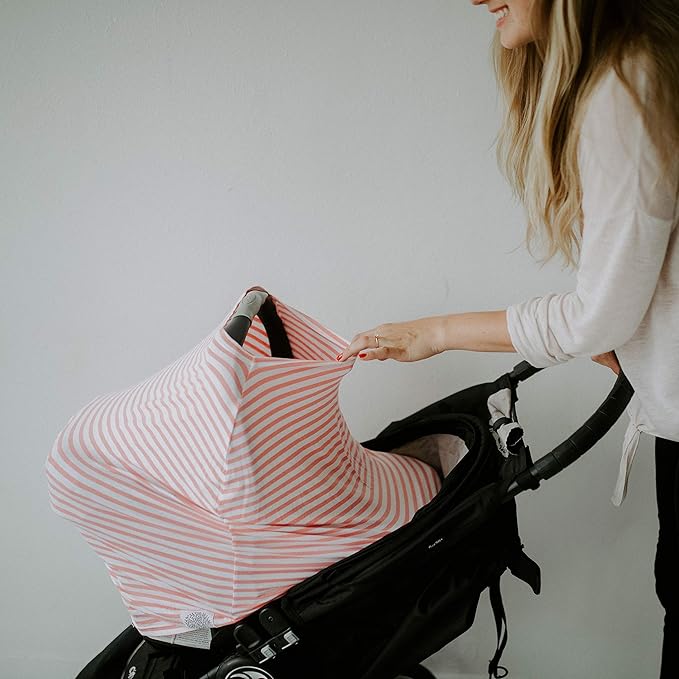 Parker Baby 4 in 1 Car Seat Cover for Girls and Boys - Stretchy Carseat Canopy, Nursing Cover, Grocery Cart Cover, High Chair Cover - Gray/White Stripes