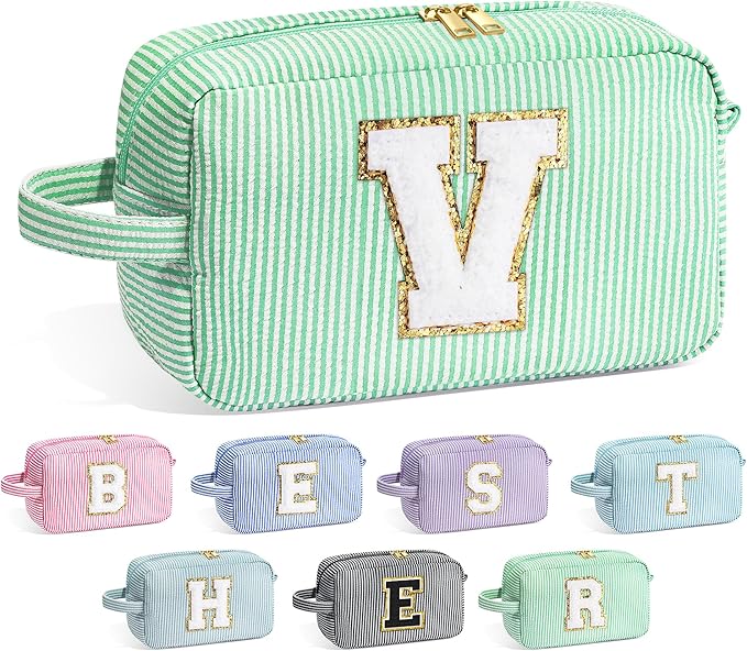 YOOLIFE Initial Makeup Bag for Women - Monogram Cute Makeup Bag Cosmetic Case Toiletry Pouch for Women Her Best Friend Sister Teacher, Personalized Birthday Gifts for Women, Light Green V