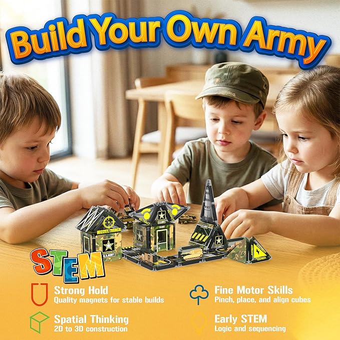 Maginoo 42PCS Mini Magnetic Tiles Army Base Travel Set with Iron Box STEM Educational Military Building Blocks Magnetic Construction Toy for Kids Ages 3 to 8 Creative Gift for Boys and Girls