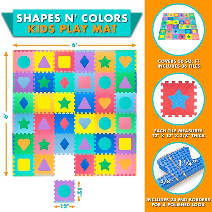 ProSource Kids Puzzle Alphabet & Numbers & Shapes Foam Play Mat 36 Tiles, 12"x12" and 24 Borders