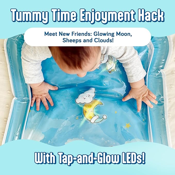 SplashEZ Lights Up Tummy Time Water Mat for Babies, Large Baby Water Mat Tummy Time for Sensory Play with LED Glowing Fishes, Inflatable Fun Play Pad for Infants & Toddlers 3 to 36 mo
