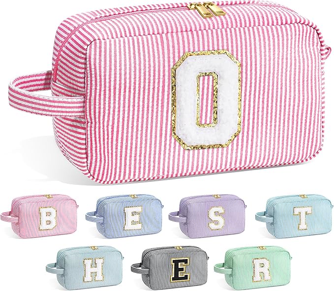 YOOLIFE Initial Makeup Bag for Women - Monogram Cute Makeup Bag Cosmetic Case Toiletry Pouch for Women Her Best Friend Sister Teacher, Personalized Birthday Gifts for Women, Pink O