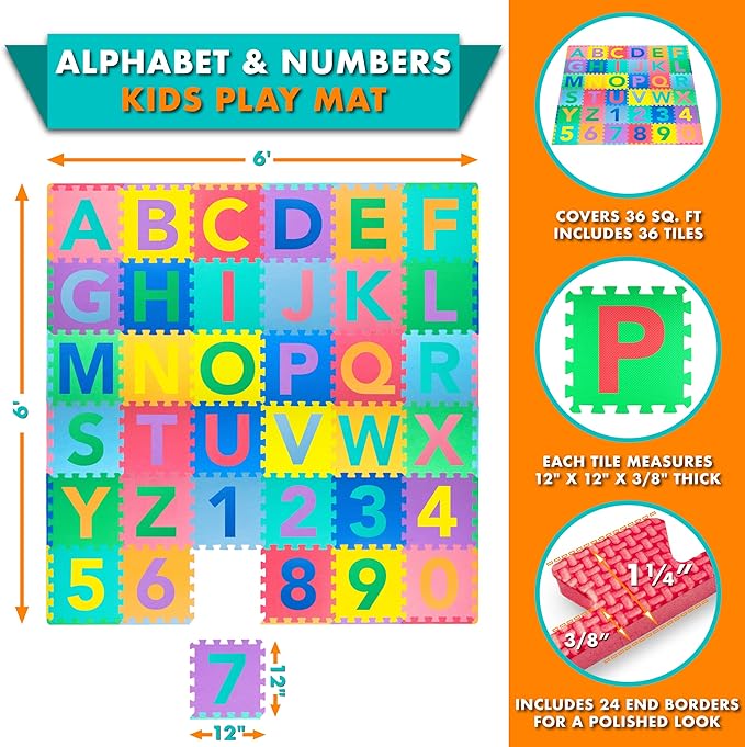 ProSource Kids Puzzle Alphabet & Numbers & Shapes Foam Play Mat 36 Tiles, 12"x12" and 24 Borders